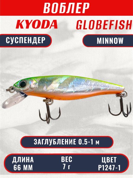 Воблер KYODA Globefish Minnow-66SP, длина 6,6 см, вес 7.0 гр цвет P1247-1, заглубление 0,5-1,0 м