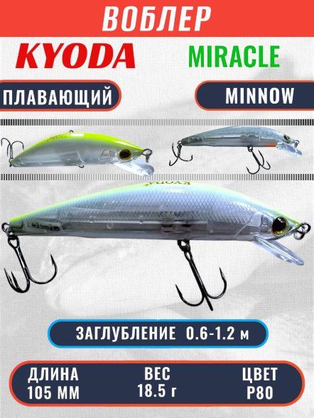 Воблер KYODA Miracle Minnow-105F 10,5 см 18,5 гр цвет P80, заглубление 0,6-1,2 м