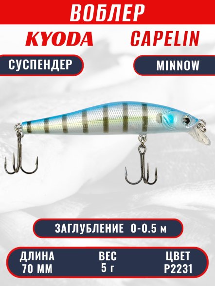 Воблер KYODA Capelin Minnow-70SP длина 7,0 см вес 5.0 гр, цвет P2231 заглубление 0-0.5 м