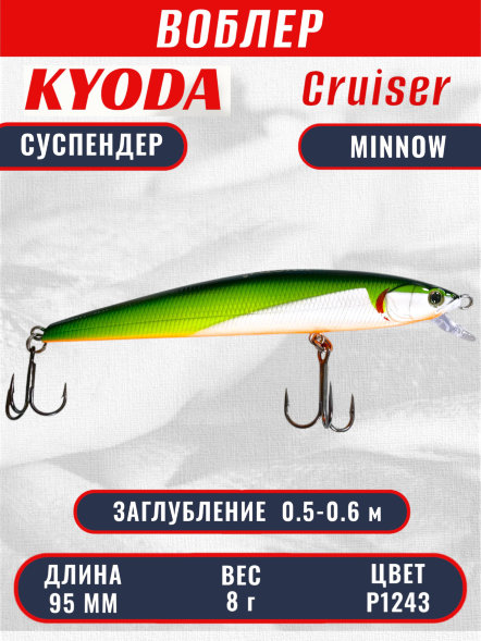Воблер KYODA Cruiser Minnow-95SP, длина 9,5 см, вес 8.0 гр цвет P1243, заглубление 0,5-0,6 м