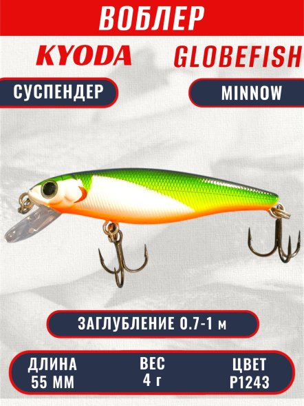 Воблер KYODA Globefish Minnow-55SP, длина 5,5 см, вес 4.0 гр цвет P1243, заглубление 0,7-1,0 м